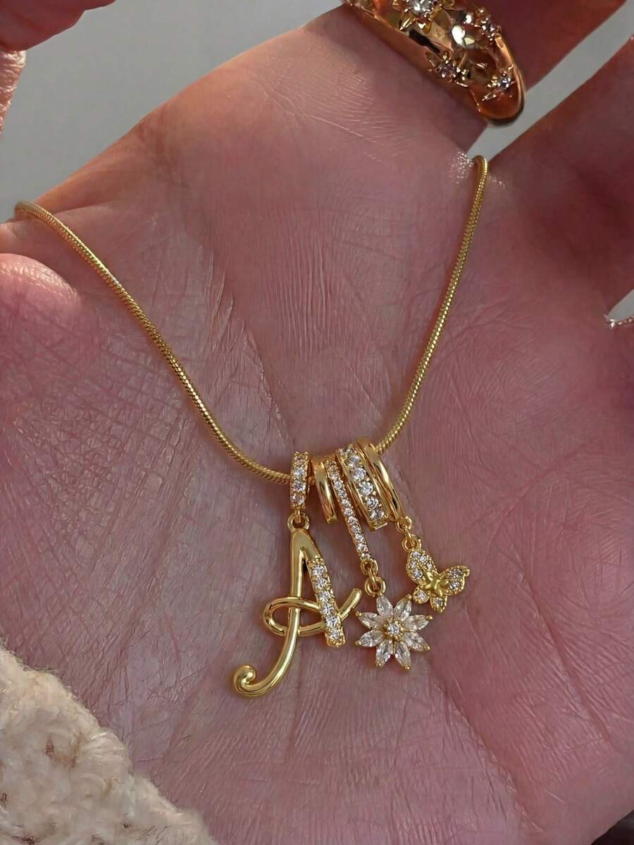1件精美优雅奢华Y2K风格密镶锆石花朵蝴蝶及个性化手写字母吊坠不锈钢链项链，是送给女友、妈妈、家人、朋友、孩子、女孩的理想礼物，适合周年纪念日、情人节、生日、毕业典礼、舞会、母亲节、圣诞节等场合。