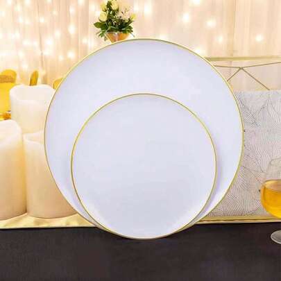 1件套圆形白色底单金边派对餐盘，餐具套装，沙拉盘，庆典派对餐具，托盘，10.25英寸和7.5英寸餐盘，适用于各种派对、户外、婚礼、餐厅等场合。