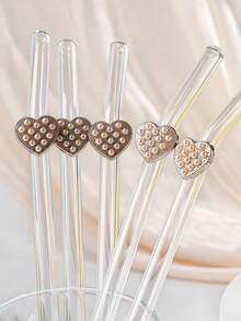 1pc Elegant Pearl Heart Shaped Reusable Transparent Bent Straw, Kitchen Accessory, Cup Essential, Back To School Gift, Valentine's Day Party Favor - Clear - View 7