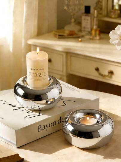 1pc Luxury Creative Silver Ceramic Candle Holder, Modern Minimalist Home Decor Candlelight Dinner Prop, Wedding Soft Furnishing
