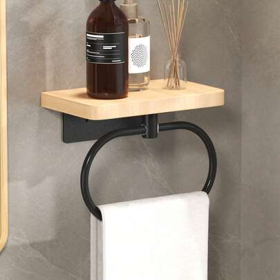 1个浴室毛巾环，壁挂式毛巾架，带木质支架和毛巾挂钩，用于浴室收纳整理，无需钻孔，安装简便，浴室配件