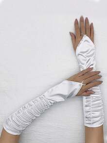 1pc New Fashionable Wedding/Holiday Sheer Mesh Fingerless Long Gloves, Lightweight & Breathable - White - View 2