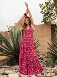 Faeriesty 优雅露背长裙：无袖层叠荷叶边礼服，交叉露背设计，刺绣花藤图案，轻盈飘逸的面料——完美适用于花园婚礼、波西米亚风新娘写真、目的地婚礼、乡村风周年庆典、浪漫户外活动等夏季场合。 - 玫瑰紅 - 查看 9