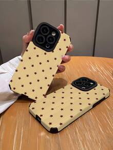 1pc Fashionable & Unique Yellow Base Red-Brown Star Minimalist Pattern Vertical Striped Faux Leather Protective Phone Case, Suitable As Birthday, Holiday Gift For Friends, Family, Couples, Compatible With IPhone 17/17 Air/17 Pro/17 Pro Max, 16/16 Plus/16 Pro/16 Pro Max, 15/15 Plus/15 Pro - Multicolor - View 2