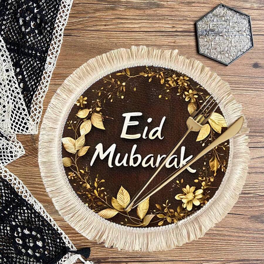 1/4/6 szt. Zestaw dekoracji festiwalowych z motywem Bliskiego Wschodu w kolorze złotym, z kwiatowymi i liściowymi motywami, metaliczna podkładka/podkładka z lnianego materiału z nadrukiem i frędzlami - Wielokolorowe - Zobacz 1