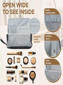 大容量高品质化妆包 - 旅行化妆收纳包，带多个拉链口袋和腕带。可收纳化妆刷、洗漱用品、首饰和其他美容用品。实用收纳包，大容量化妆包。 - 彩色 - 查看 3