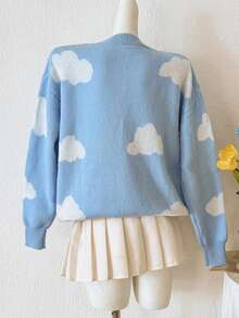 PUMPKIN Casual V-Neck Loose Cardigan, Women Floral Print Long Sleeve Beach Swimwear Sweet Preppy Style Valentine's Day Party Outwear - Blue and White - View 2