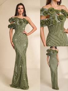 Đầm dạ hội Astony One màu xanh lá cây đính sequin họa tiết hoa, kiểu đuôi cá, ôm sát gợi cảm, lý tưởng cho các lễ hội âm nhạc, tiệc sinh nhật, dạ tiệc trang trọng, tiệc độc thân, sự kiện thảm đỏ và các dịp trang trọng khác. - màu xanh lá - Xem 1