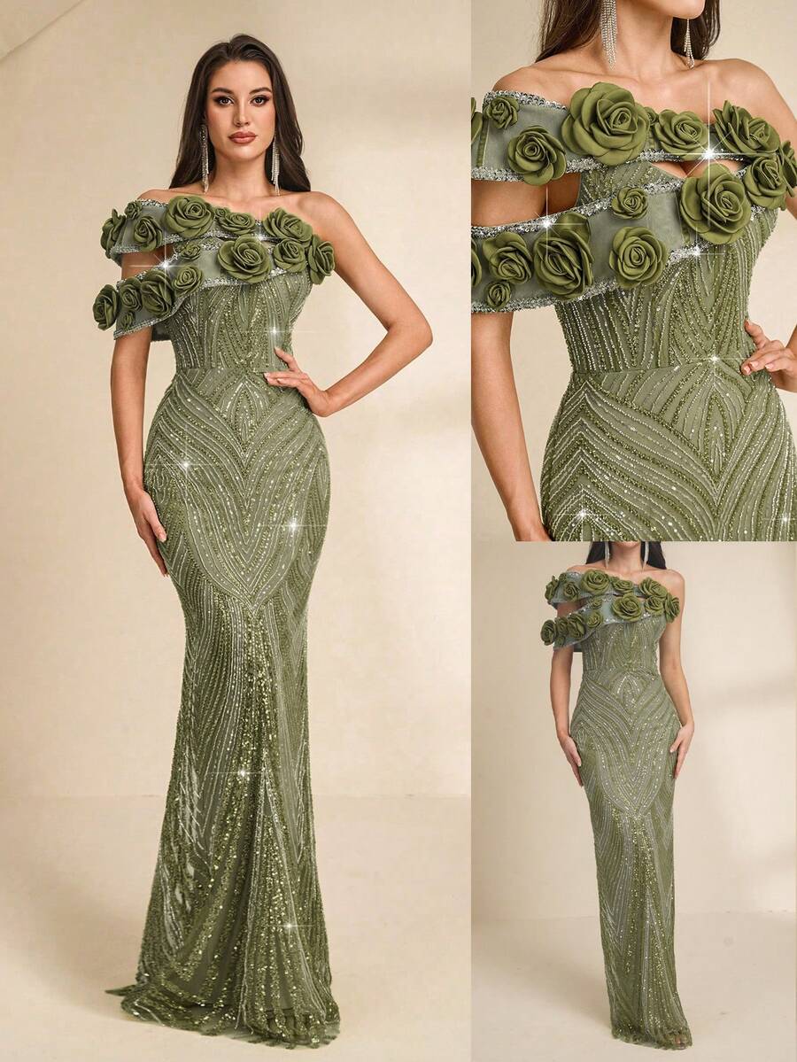 Đầm dạ hội Astony One màu xanh lá cây đính sequin họa tiết hoa, kiểu đuôi cá, ôm sát gợi cảm, lý tưởng cho các lễ hội âm nhạc, tiệc sinh nhật, dạ tiệc trang trọng, tiệc độc thân, sự kiện thảm đỏ và các dịp trang trọng khác. - màu xanh lá - Xem 1