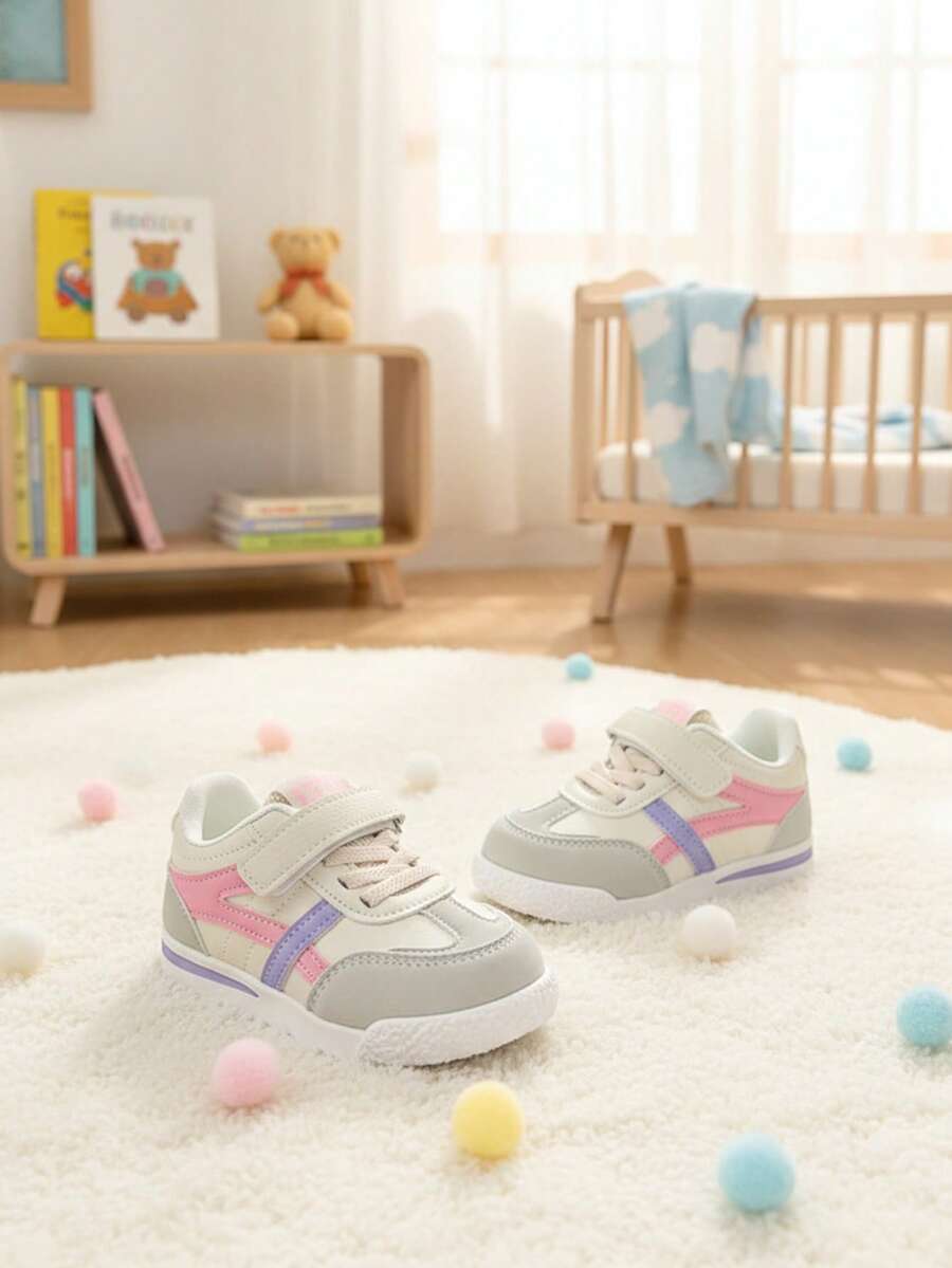 1 Pair Pink Color Block Patchwork Rubber Toe Design Lightweight Breathable Children Sports Shoes, Classic Retro Style Convenient Fastening Gump Shoes, Comfortable Fabric Lining Durable Non-Slip Rubber Thick Sole Girls Shoes, Suitable For Casual Wear, Fit For 3-13 Years Old Female Students Daily Campus Life, Shopping, Birthday Party, Holiday, Beach Vacation, 2026 Spring/Summer New Arrival - Pink - View 1