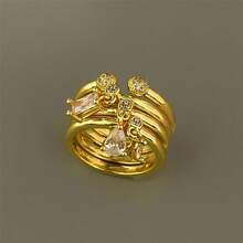 VKHK Bộ 4 món mặt dây chuyền và nhẫn mạ vàng sang trọng đính đá Cubic Zirconia, thích hợp cho nữ giới đeo hàng ngày và trong các dịp cưới hỏi, làm quà tặng. - Bộ nhẫn 4 chiếc - Xem 6