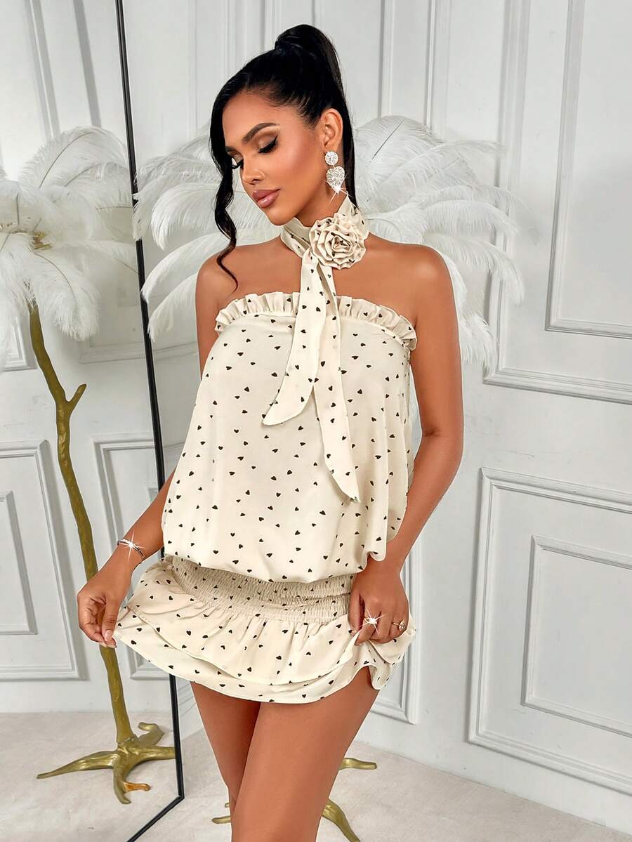 AIJ Amarilo 女士爱心印花无肩带迷你连衣裙 - 情人节款，收腰蛋糕式裙摆，荷叶边 3D 立体花朵，系带设计，春夏款 - 杏底黑心 - 查看 1