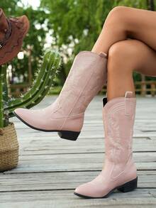 Western Style Embroidered Vintage Boots For Girl, Retro Platform Mid-Calf V-Cut Riding Boots, Winter New Arrival - Pink - View 3