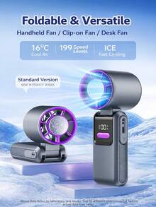 1pcPortable Foldable Ice-Cooling High-Speed Fan With LED Display, Dual Charging Ports & Built-In Cable - Summer Outdoor Travel Must-Have, Cools Even At 40°C, (, )