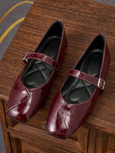 Women's Fashion Square Toe Slip-On Shoes, Casual Office Versatile Shoes For Spring/Summer Outdoor, High-End Elegant Mary Jane Ballet Flat, Party/Wedding, Burgundy