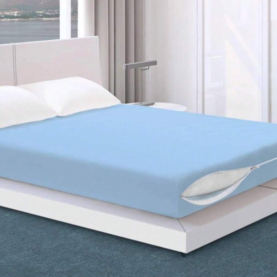 Double Mattress Cover, Polyester Fabric - Dusty Blue - View 1