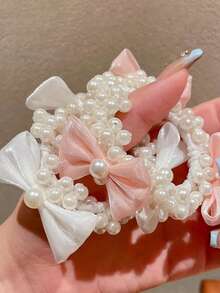 2条儿童珍珠发带，蝴蝶结发箍，女孩发饰，简约INS风球形马尾发箍，日常佩戴，婚礼花童发箍 - 白色 - 查看 6