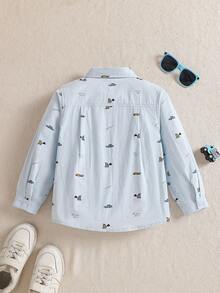 Young BoyTrendy Car Print Shirt, Autumn - Baby Blue - View 2