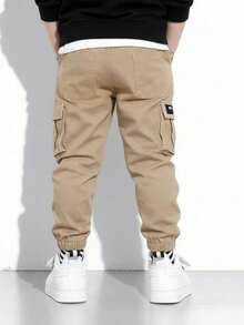 1pc Young BoyElastic Waist Cargo Pants, Suitable For Sports, Outdoor, Running - Khaki - View 2