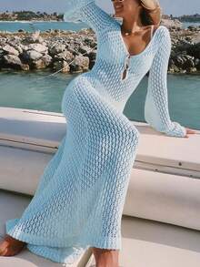 Crochet Deep V-Neck Women's Fashion Elegant Sexy Minimalist Solid Color Casual Knit Dress, Suitable For Beach, Music Festival, Wedding Season, Vacation Summer - Light Blue - View 6