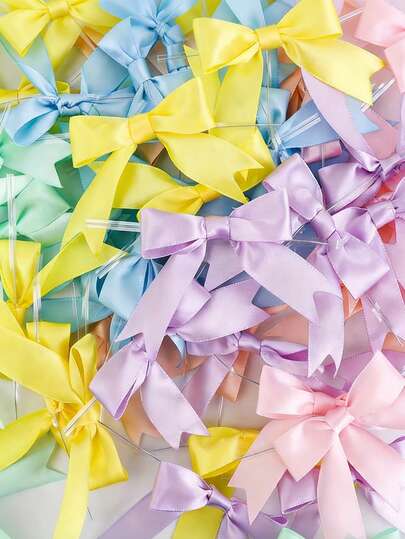 Random 30/60pcs Pre-Tied Pastel Satin Ribbon Bows 2.56" Small Pastel Rainbow Twist Tie Bows Decor For Baby Shower, Birthday Party Decorations, Wedding, Gift Wrapping(6 Colors)