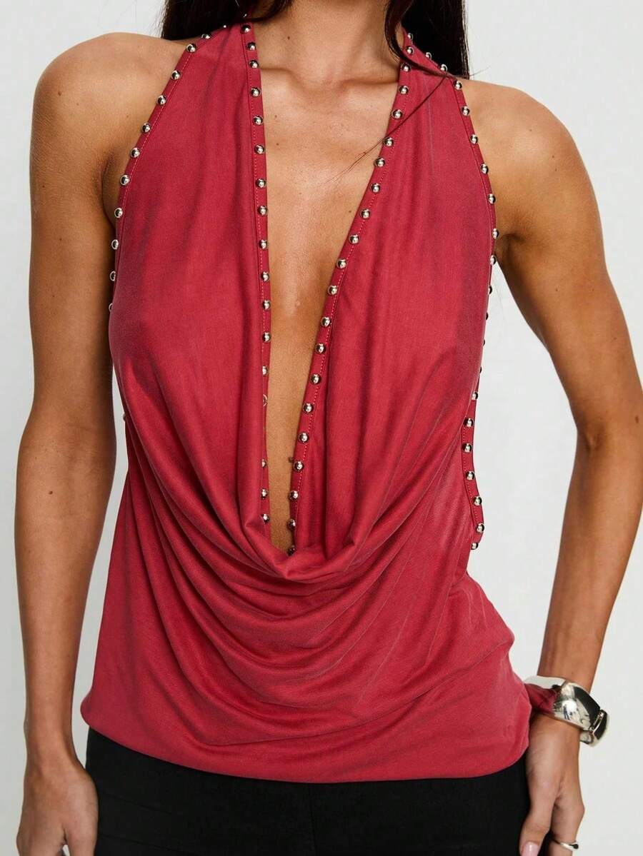 Womens Studded Halter Tank Tops Cowl Neck Draped Front Backless Slim Fit Vest Crop Tops Summer Sleeveless Open Back Camisole Shirts Party Club Going Out Tops - 紅色 - 查看 1