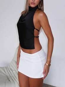 Women's Halter Neck Satin Tank Tops Mock Neck Sleeveless Backless Shirts Solid Color Slim Fit Crop Tops Summer High Neck Vest Camisoles Holiday Beachwear Party Clubwear - 巧克力棕 - 查看 5