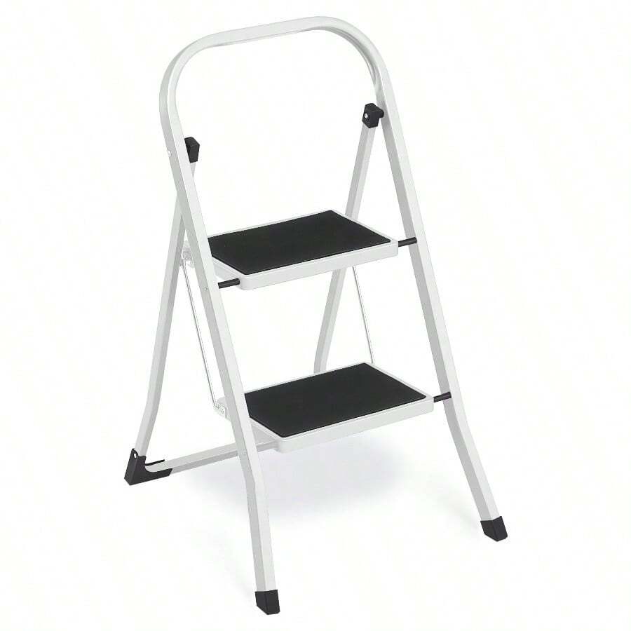 2-Step Ladder, Folding Ladder, Safety Lock, Space-Saving Storage - White - View 1