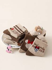 Disney 1/5 Pairs Mouse Embroidered Kids Crew Socks, Cute Beige & Brown Cartoon Spring Fall Socks For Girls - Multicolor - View 5