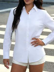 Women's Button Down Shirts Classic Fit Dress Shirt Work Business Casual Long Sleeve Blouse Tops - White - View 3