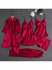 Five-Piece Set - Women's Summer Ice Silk Pajamas, Sexy And Hot, Adult Long-Sleeved Thin Women's Bathrobes For Spring And Autumn, Five-Piece Set, Multi-Color - Bộ sâm panh năm món - Xem 4