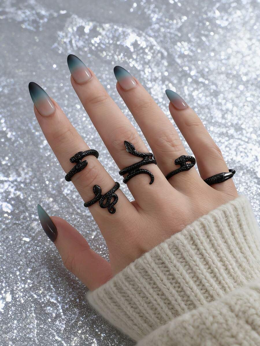 Set Cincin Ular Gaya Gotik 5 Buah, Cincin Ular Mini Asimetris Berlapis untuk Wanita - Hitam - View 1