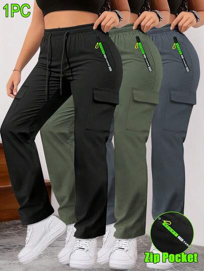 Women's Spring/Autumn Zipper Pocket Cargo Pants, Fashionable Large Pocket Design, Drawstring Elastic Waist, Casual Outdoor/Daily Wear Slim Fit Trousers