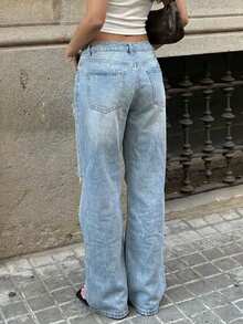 Quần jeans nữ dáng suông, cạp thấp, rộng rãi, phong cách thường ngày, bạc màu, rách nhẹ. - Rửa nhẹ - Xem 3