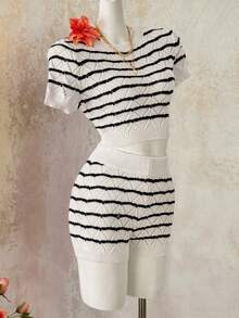 PUMPKIN Y2K Streetwear 2 Pieces Set: Striped Contrast Hollow Out Cropped Crochet Knit Short Sleeve Top And Shorts; Fashionable Cute Sweater - Black and White - View 4