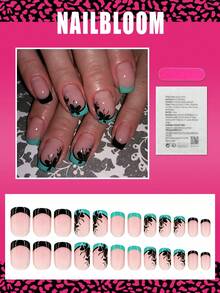 24pcs Short Square Spring Press On Nails, Black Butterfly Green French Tips Nail Nude Short Nails Full Cover Glossy False Nails Set, Include: 1pc Jelly Glue And 1pc Nail File, Easy To Wear Daily Fake Nails Manicure Nails Press On Art For Women And Girls Daily Life - Multicolor - View 2