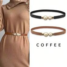 1pc Solid Color Pearl Waist Belt, 2025 New High-End Dress, Jeans Waist Cincher, Elastic Stretch Leather Belt Decor, Multi-Purpose Waist Belt For Casual Wear - Coffee - View 5