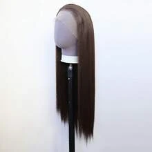 24英寸和40英寸巧克力棕色合成蕾丝前假发，耐热纤维，无需胶水 - 预先拔毛的自然发际线，180%密度深棕色蕾丝前假发，13x4蕾丝区域，适合日常佩戴和角色扮演 - 巧克力棕 - 查看 6