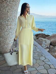 Unadoll Women's Half-Open Collar Button Design Waist Elegant Dress, Suitable For Dates, Outings, Thanksgiving, Commuting, Christmas And Other Occasions - Yellow - View 5