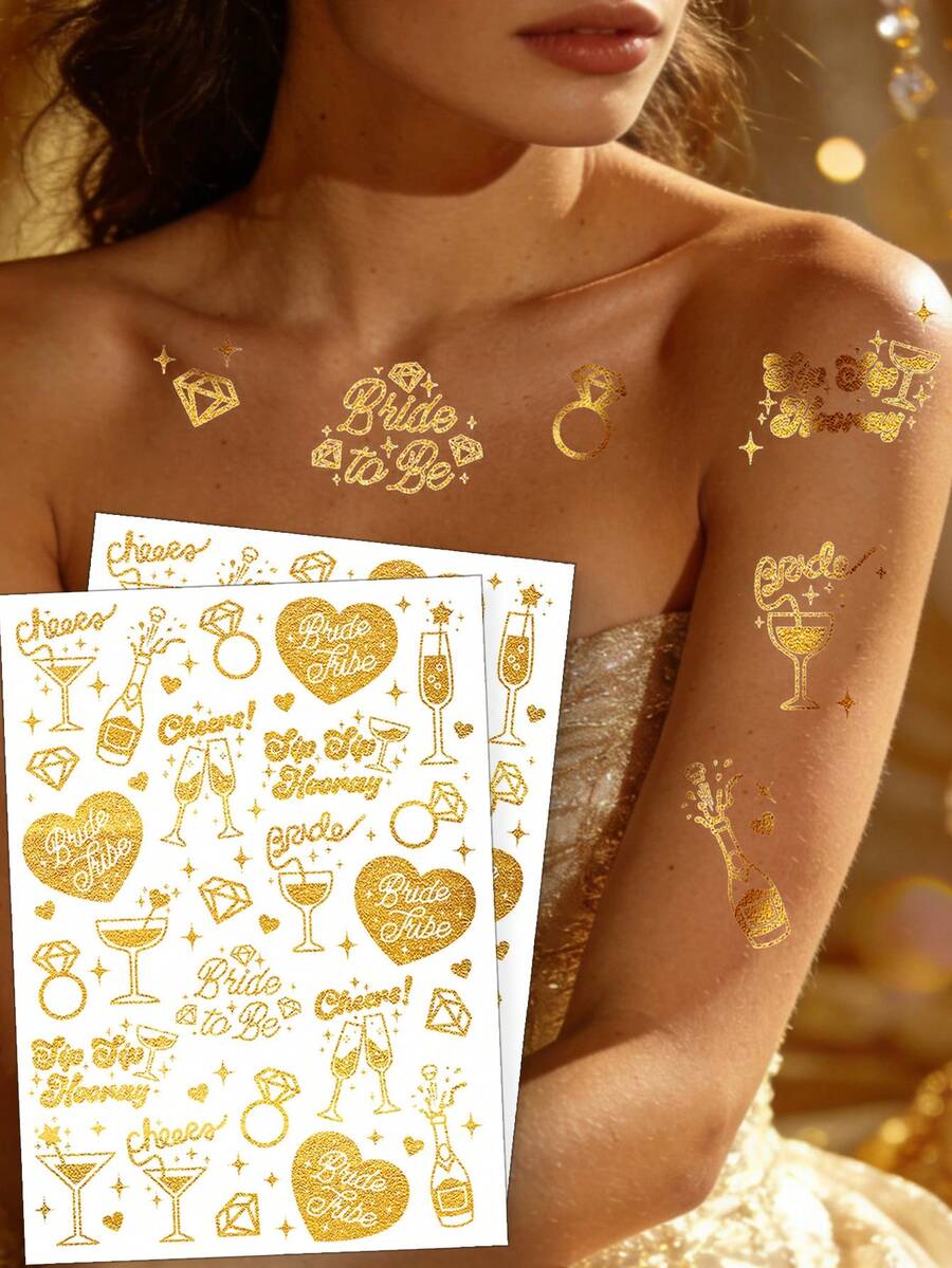 2张闪光箔金婚礼临时纹身贴纸 - 钻石心形戒指字母星星设计，适合情侣订婚派对，Y2K风格 - 金色 - 查看 1