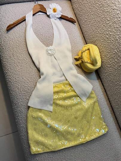 Elegant Solid Color 3D Floral Decor Halter Neck Backless Split Knit Top, Summer