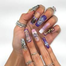 NailLush 10 PCS Handmade Square Press-On Nails | Fantasy Gothic Luxury Purple-Pink-Nude Acrylic Nails, 3D Holographic Heart & Gold Star Embellished Pearl - 紫色 - 查看 3