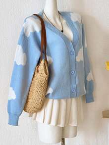 PUMPKIN Casual V-Neck Loose Cardigan, Women Floral Print Long Sleeve Beach Swimwear Sweet Preppy Style Valentine's Day Party Outwear - Blue and White - View 3