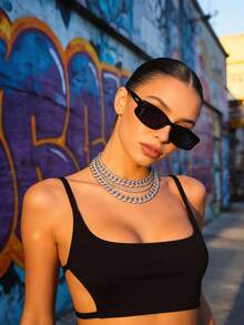 1pc Women's Narrow Rectangular Butterfly Frame Retro Street Y2K Baddie Contrast Color Chic Minimalist Fashion Glasses, Vacation - Black - View 3
