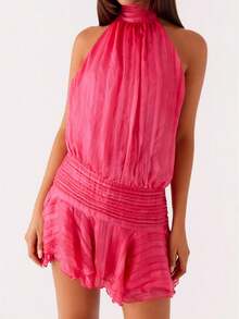 Women Chiffon Mini Halter Neck Dress Pleated Sleeveless Open Back A-Line Layered Ruffle Short Dress Vacation Club Party Wear - Red Violet - View 3