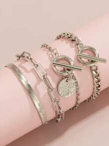 4pcs/Set Metallic Alloy Pendant Bracelet Snake Chain OT Clasp Minimalist Layered Jewelry Set - Bracelet Set - View 7