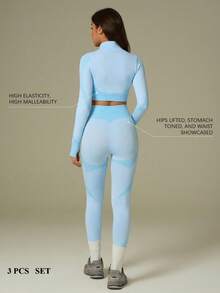 UONNOU 三件套女士运动服套装，包括文胸+长袖上衣+长裤塑形套装，女士户外休闲服，运动服，塑形服，紧身服，夹克款式，机车风格，立领，全开拉链，运动拇指孔设计，交叉肩带文胸背心，超短塑形上衣，提臀，收腰收腹，塑造腿部线条，让您看起来更苗条，运动紧身长裤，高弹力高塑形，蜂窝无缝针织柔软面料，适合运动和户外活动、瑜伽、健身、跑步、休闲日常、通勤、聚会和节日等，时尚运动户外套装，适合所有季节，秋冬春秋皆宜。 - 天藍色 - 查看 4