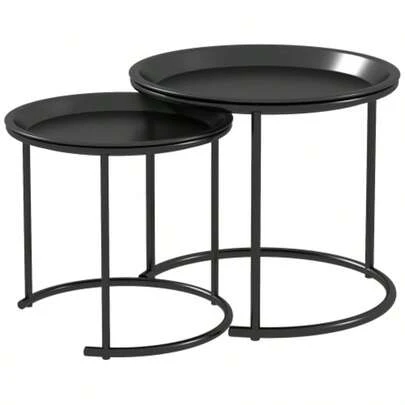 Set Of 2 Stackable Round Coffee Tables, Ideal For The Living Room, Bedroom Or Entryway. Steel, Ø 43/35 Cm, Black.