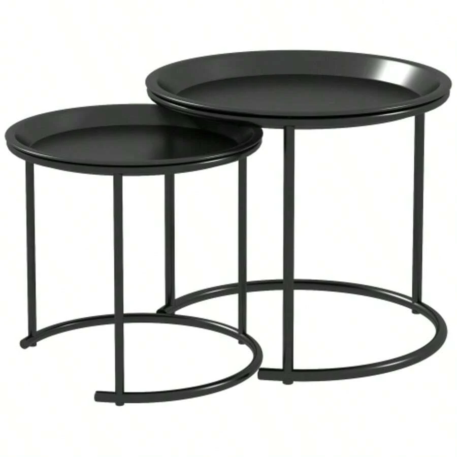 Set Of 2 Stackable Round Coffee Tables, Ideal For The Living Room, Bedroom Or Entryway. Steel, Ø 43/35 Cm, Black.