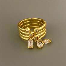 VKHK Bộ 4 món mặt dây chuyền và nhẫn mạ vàng sang trọng đính đá Cubic Zirconia, thích hợp cho nữ giới đeo hàng ngày và trong các dịp cưới hỏi, làm quà tặng. - Bộ nhẫn 4 chiếc - Xem 7